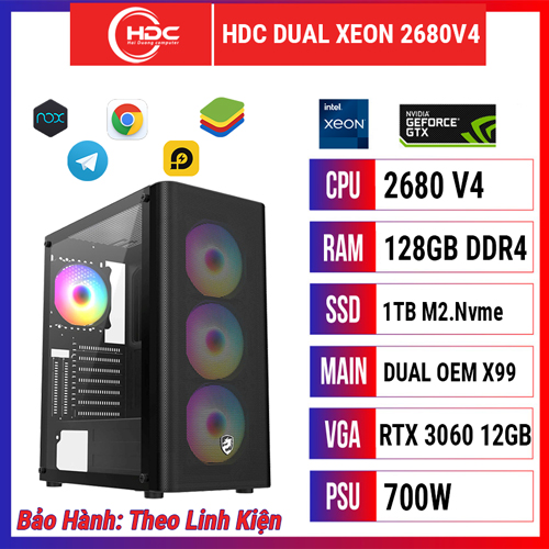PC HDC DUAL XEON CPU 2680 V4 – RAM ECC 128GB DDR4 – SSD 1TB M.2 – MAIN X99 DUAL OEM - VGA RTX 3060 12GB